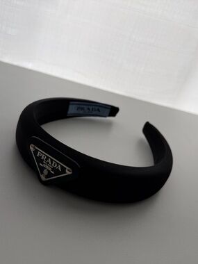 Prada Black Logo Headband with Silver Plaque